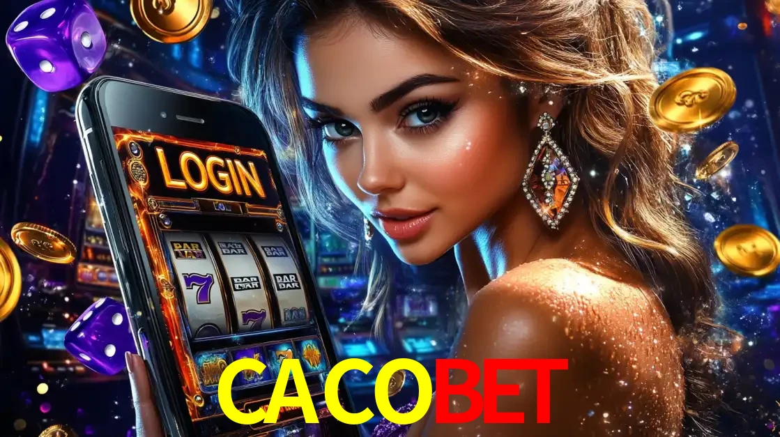Mulher glamorosa segurando um smartphone com a tela de login para os jogos de caça-níqueis do cassino online CACOBET, com moedas de ouro e dados ao redor.